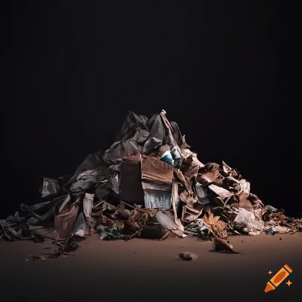 Person trapped in junk garbage pile in a destroyed landscape with stormy sky