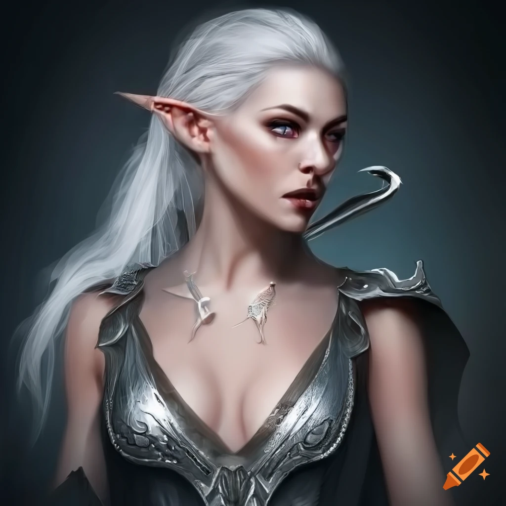 Portrait of a beautiful and powerful elf woman in white and silver ...