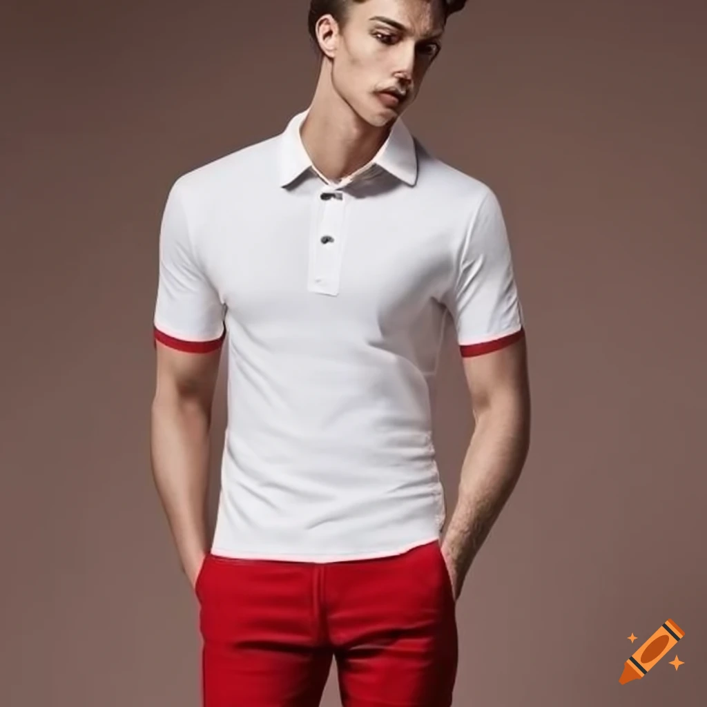 White men's polo shirt with red collar