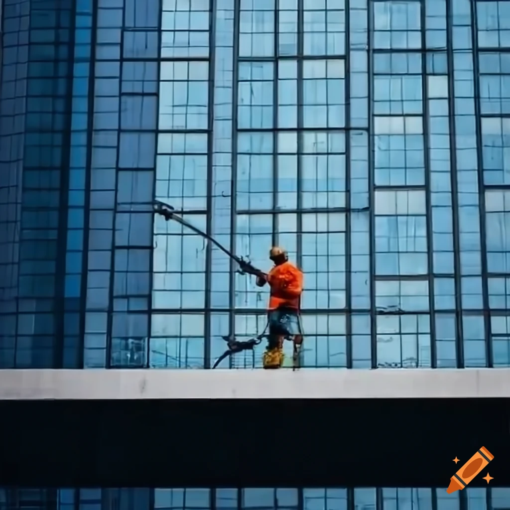 Man washing windows on a high-rise building with a telescopic pressure washing pole