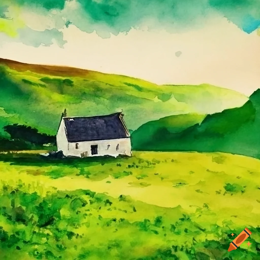Irish countryside farm with rolling green hills in a watercolor painting