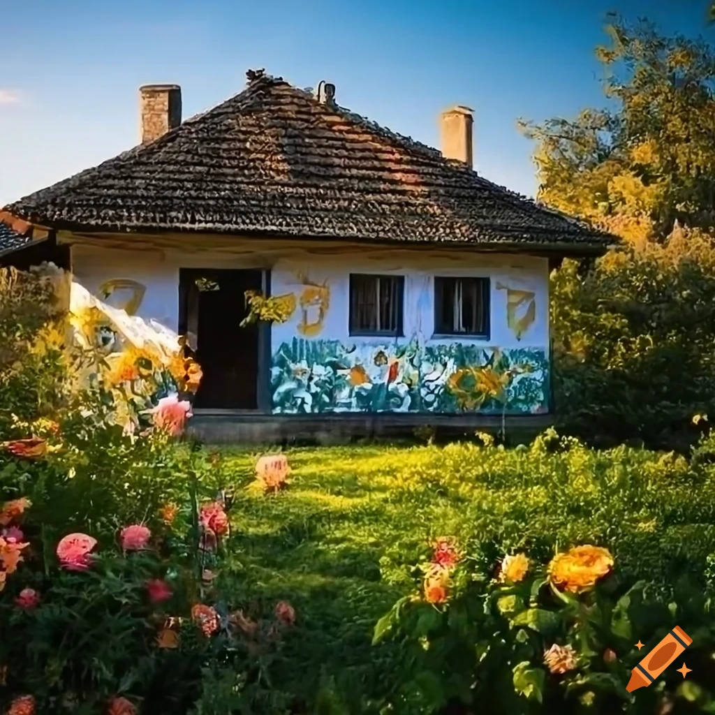 Illustration of a beautifully decorated Romanian house with a garden of roses in a village setting