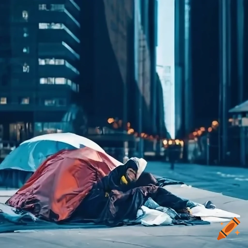 Scene of homeless individuals among urban workers in a modern city