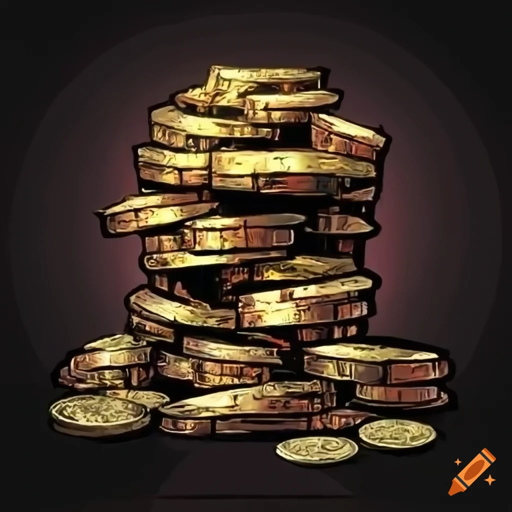 Ds1 Gold Rusted Coin Open treasure chest on pile of gold coins in Darkest Dungeon style on ...