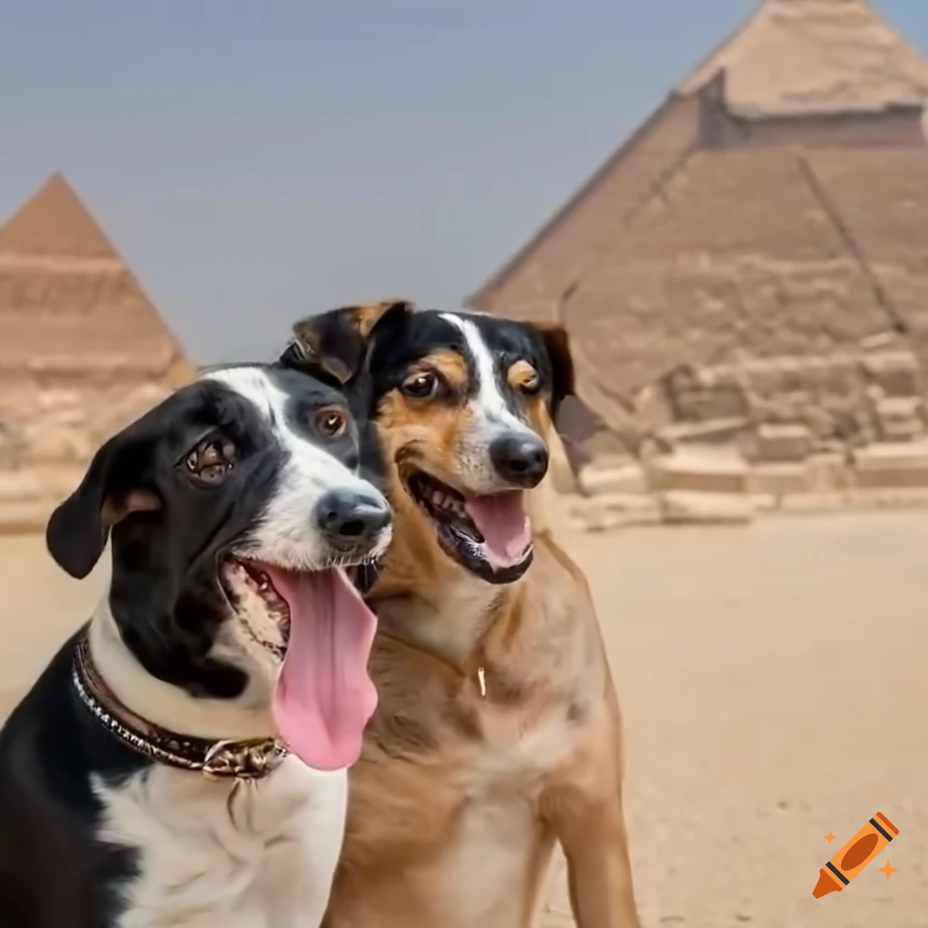 Two smiling dogs hugging and taking a selfie with egyptian pyramids in