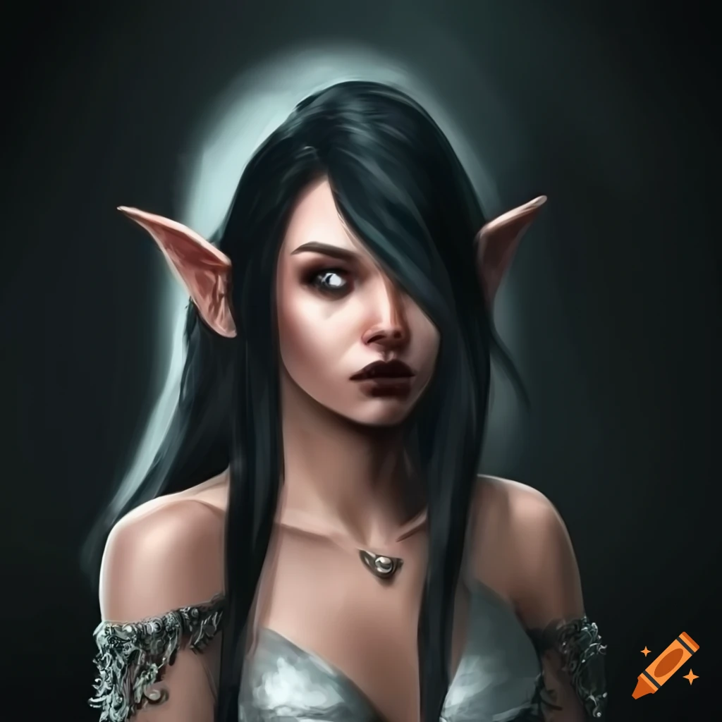 Portrait of an elegant elf woman in a silver dress and black hair ...