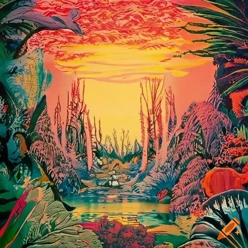 William Stout dusk serigraph from 'The Garden of Eden' depicting a landscape overtaken by demons and fantasy creatures