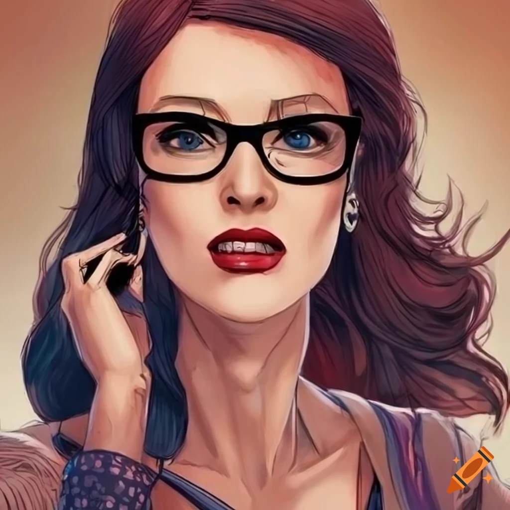 Elegant 48 year old woman wearing glasses in a comic book panel