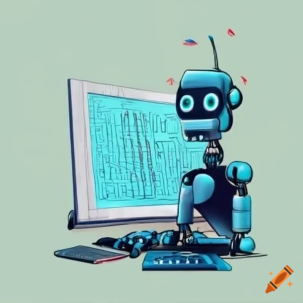 Robot at computer with visible html code on monitor screen on Craiyon
