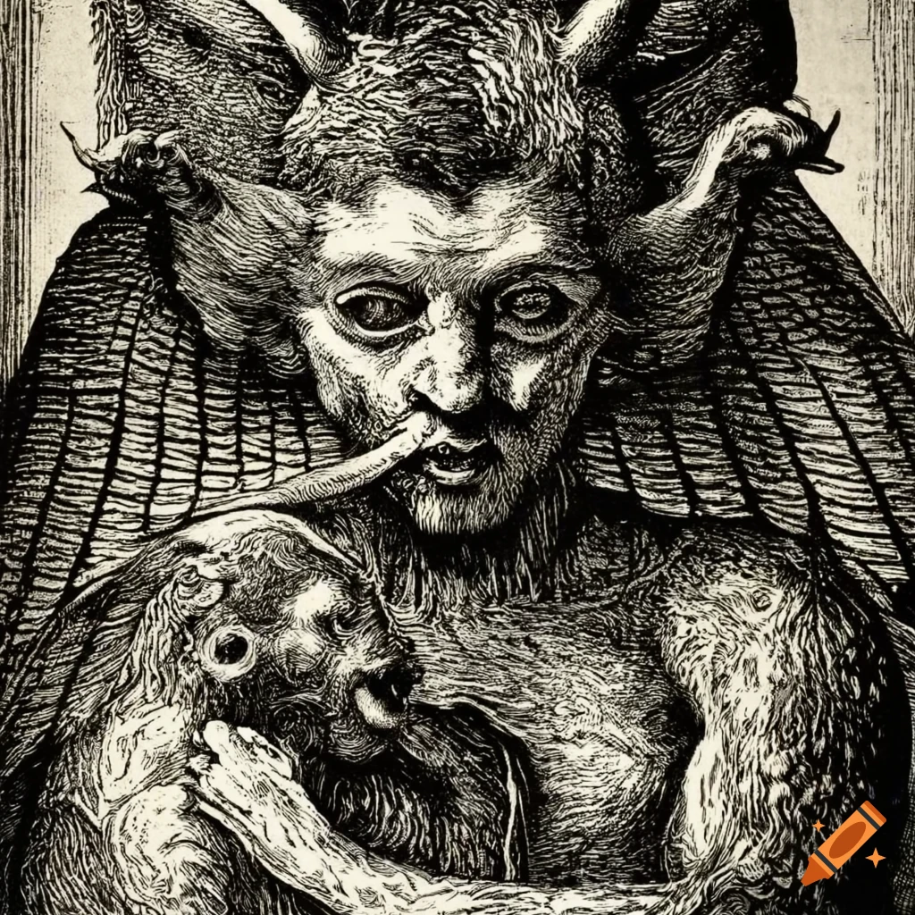 Ancient engraving of a chimera with two goat legs, representing a mystical and mysterious mythological figure