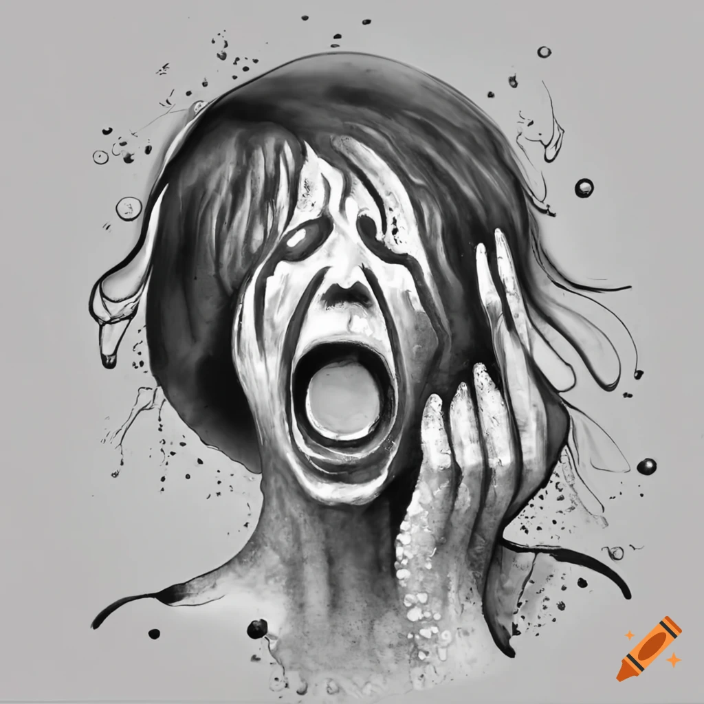 Black and white etching of person pouring water on head and screaming