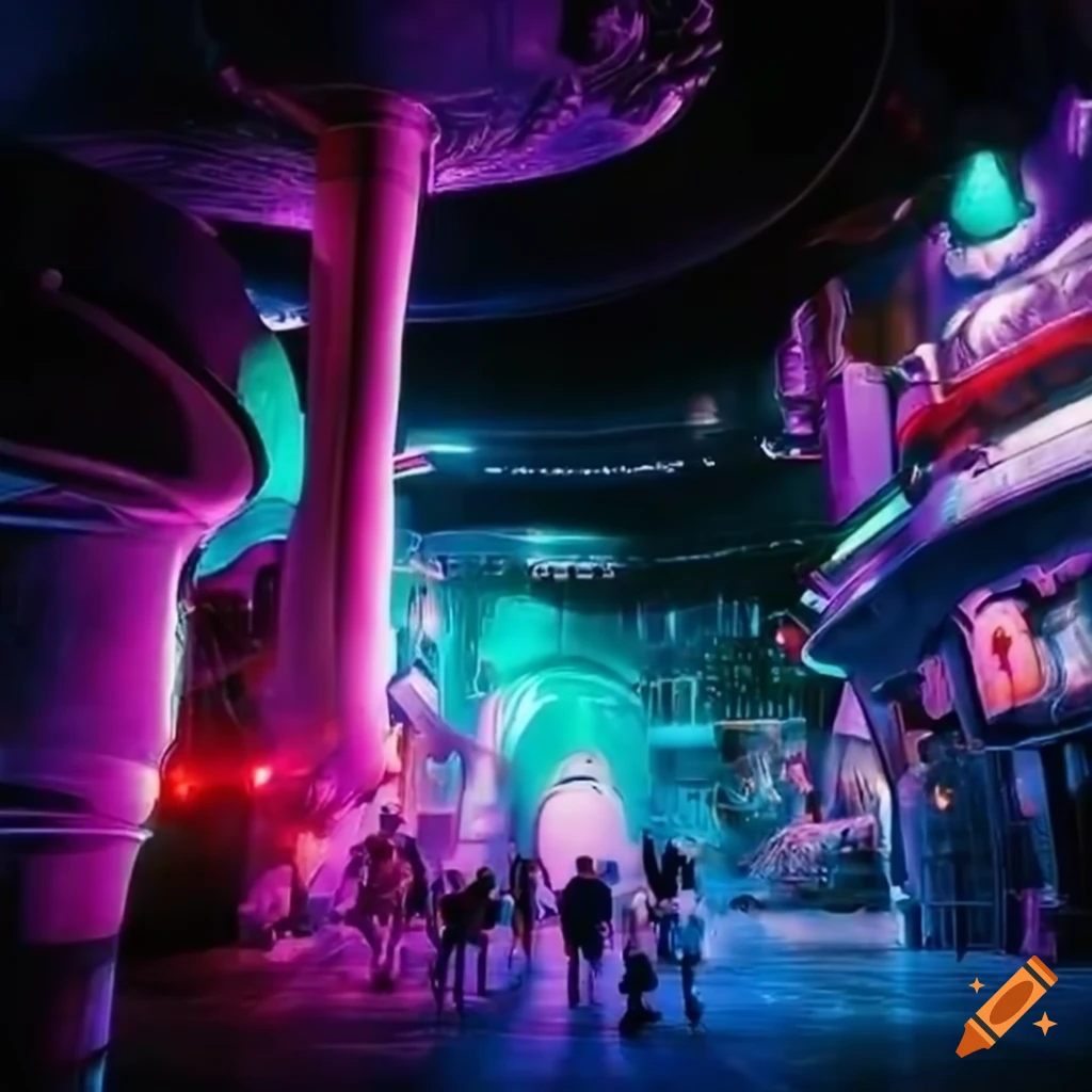 Sci-fi cyberpunk theme park with futuristic rides and restaurants on ...