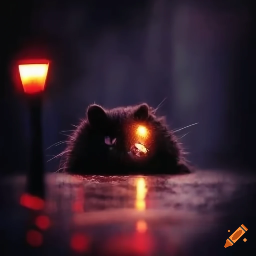 Sad black cat sleeping in the rain on a wet street with lamp posts, Tim Burton style
