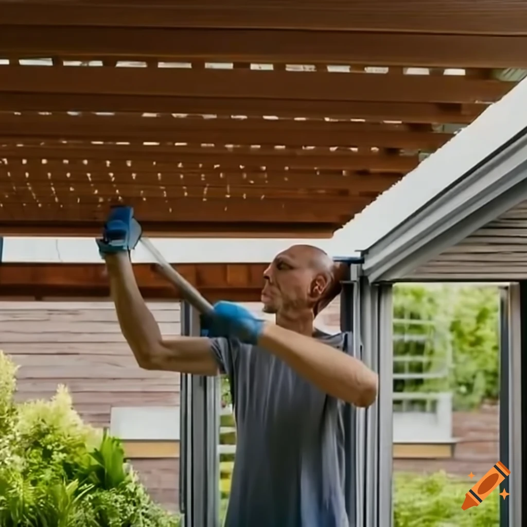 Man constructing an aluminum pergola in a serene outdoor setting