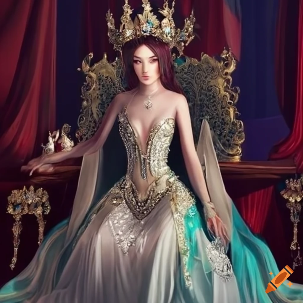Elegant and powerful fantasy empress on opulent throne with jewel-encrusted crown and flowing gown