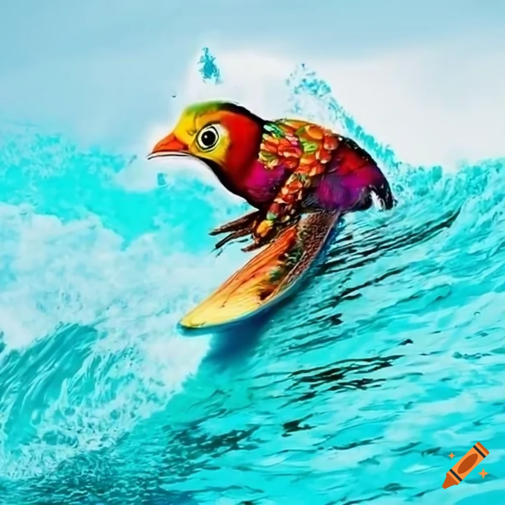 Punk bird surfing a big wave with vibrant colors on Craiyon