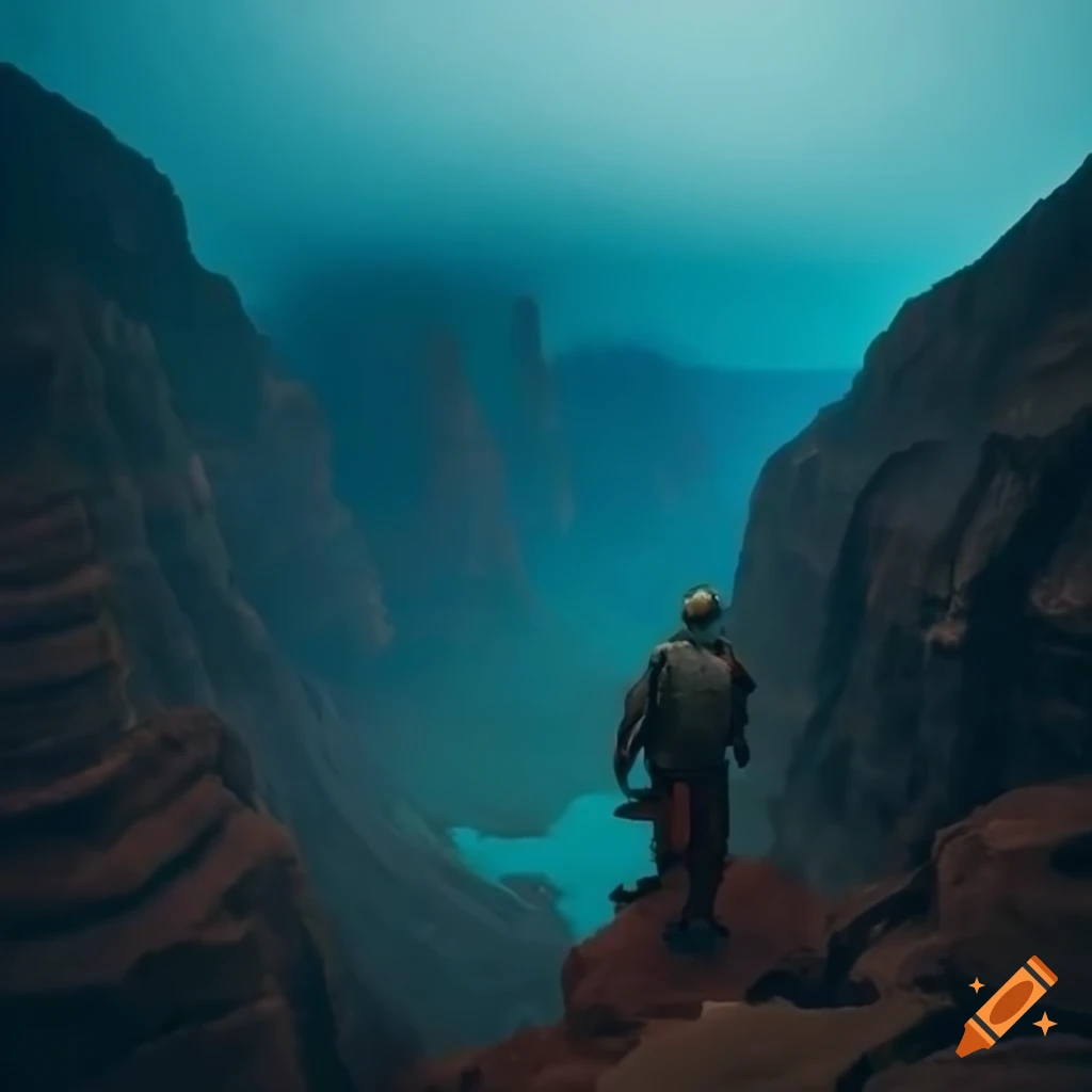 Adventurer looking at deep canyon with misty clouds and beautiful light