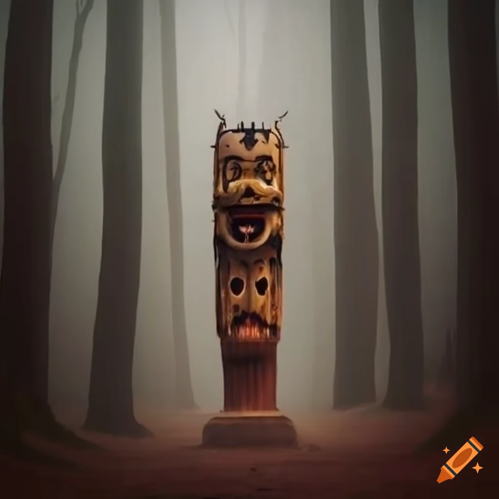 Japanese ghost totems in misty forest