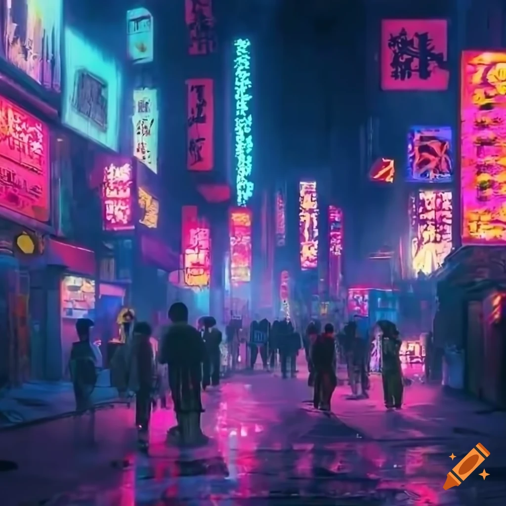 Cyberpunk vibrant Chinese street with neon lights and crowded atmosphere
