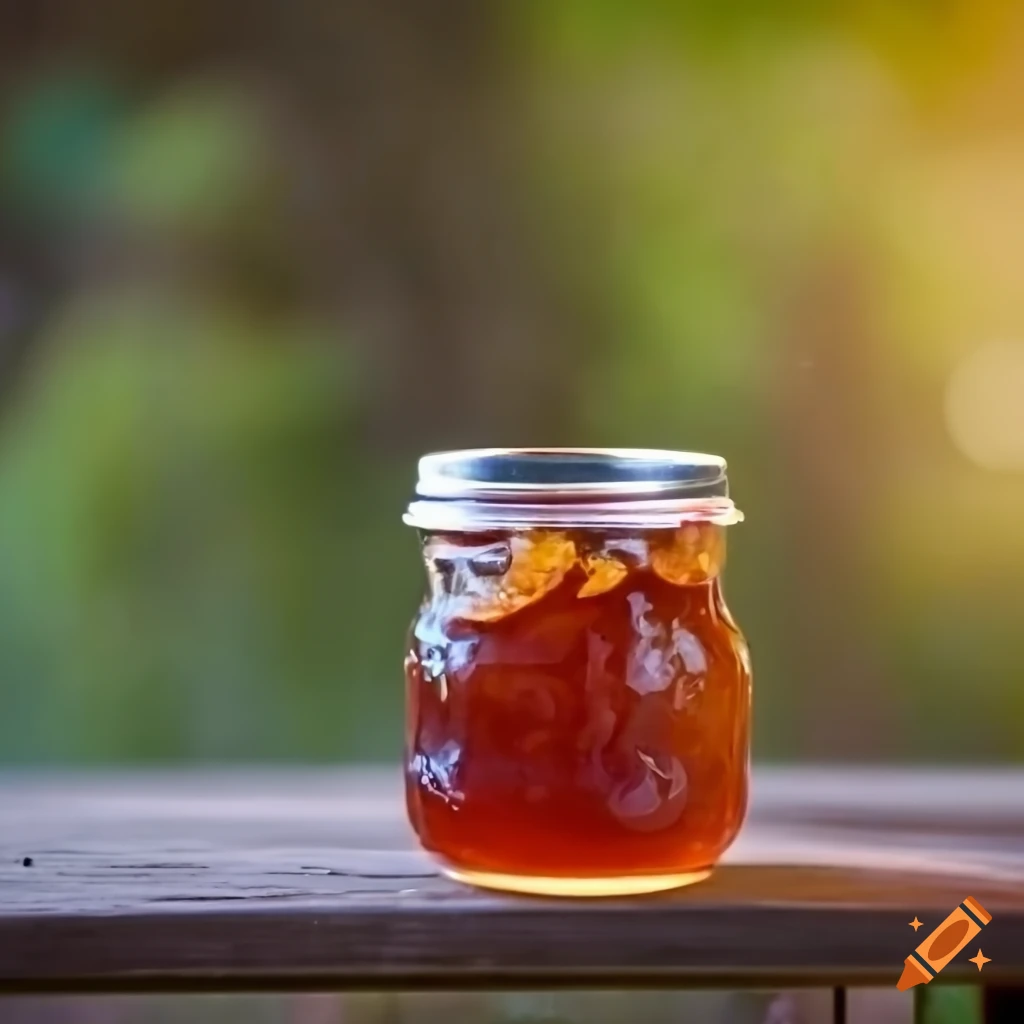 Jam on a wooden table with a farmhouse in the background