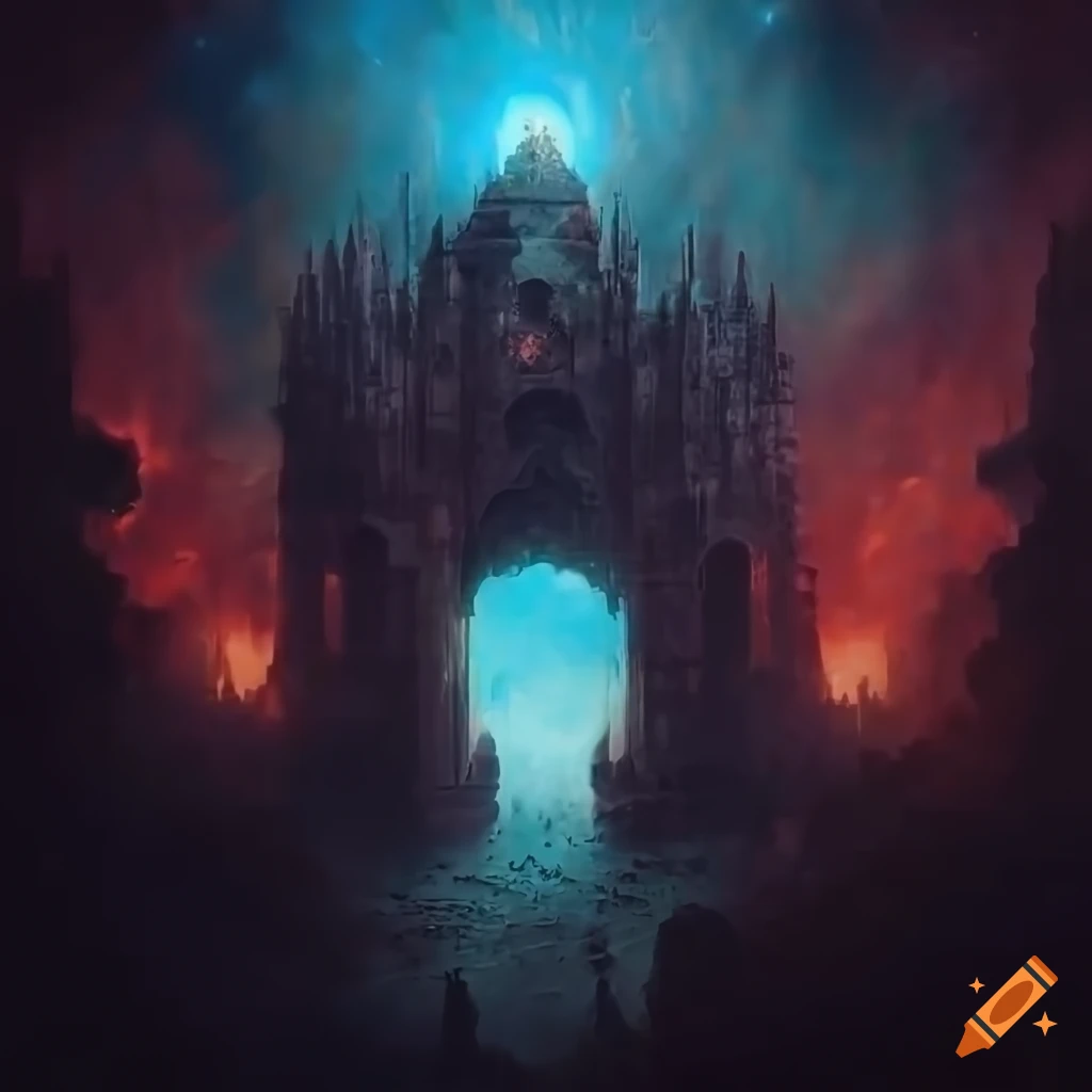 Cosmic demigod in a hellish landscape with disciples gathering around