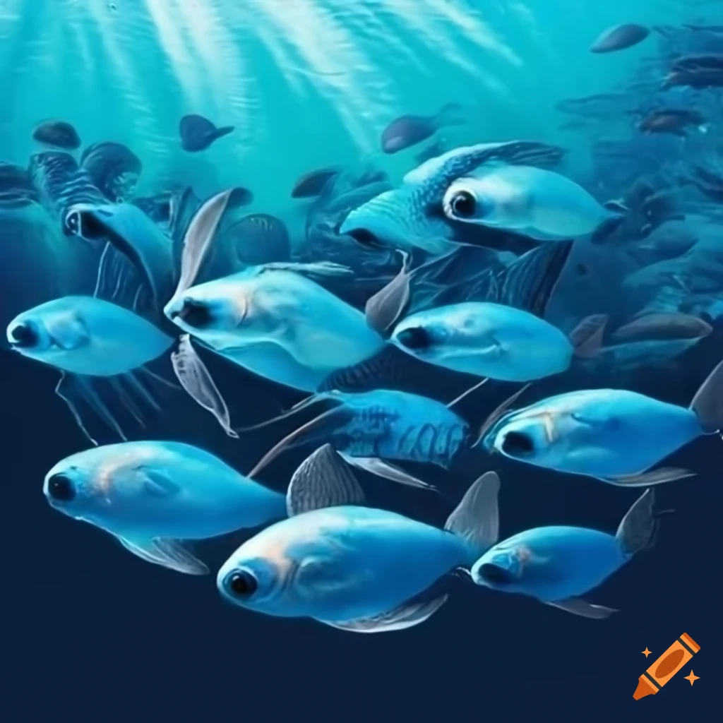 Shoal of realistic blue underwater fish