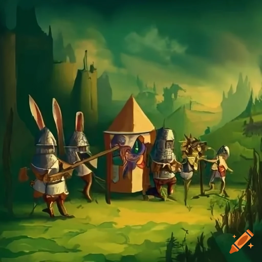 Whimsical rabbit knights planting banner on lush green hill in medieval ...