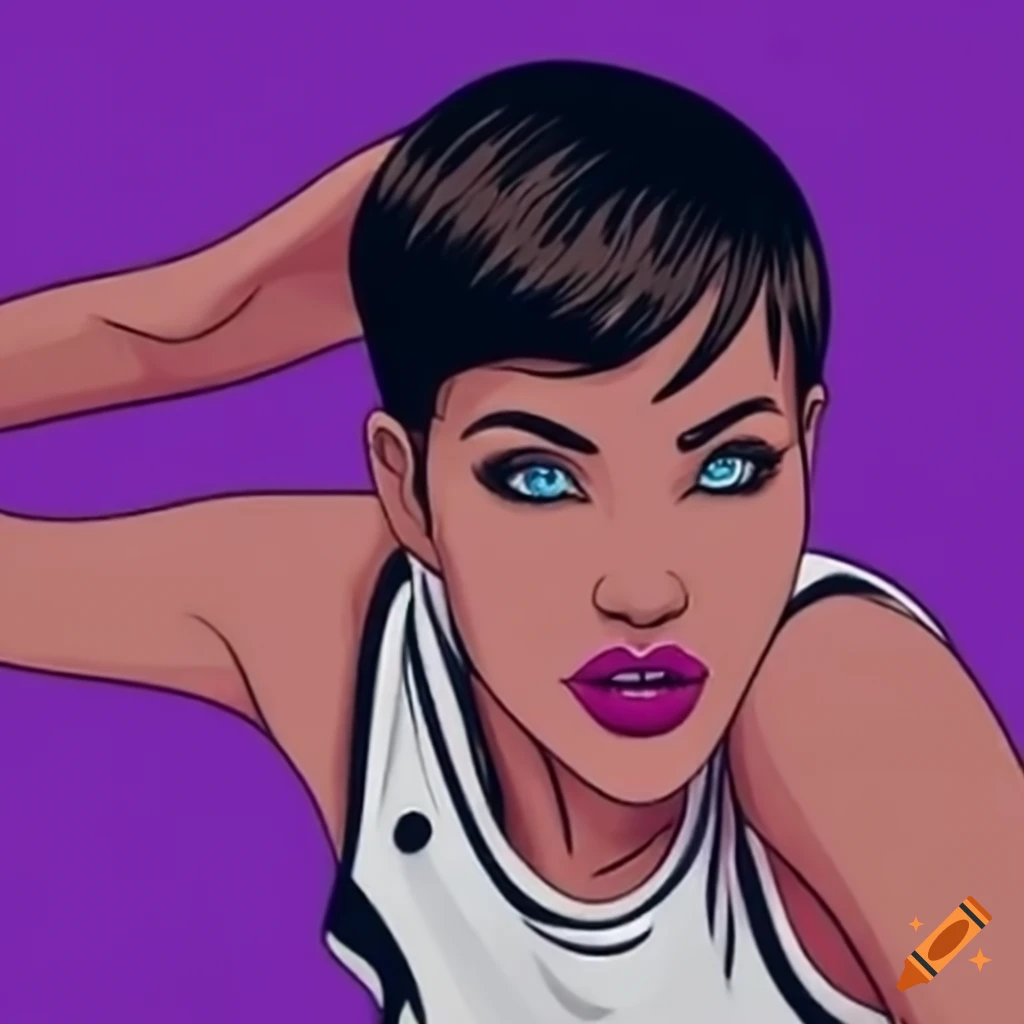 Comic book style girl with black pixie cut hair and blue eyes in a white basketball jersey laying in bed