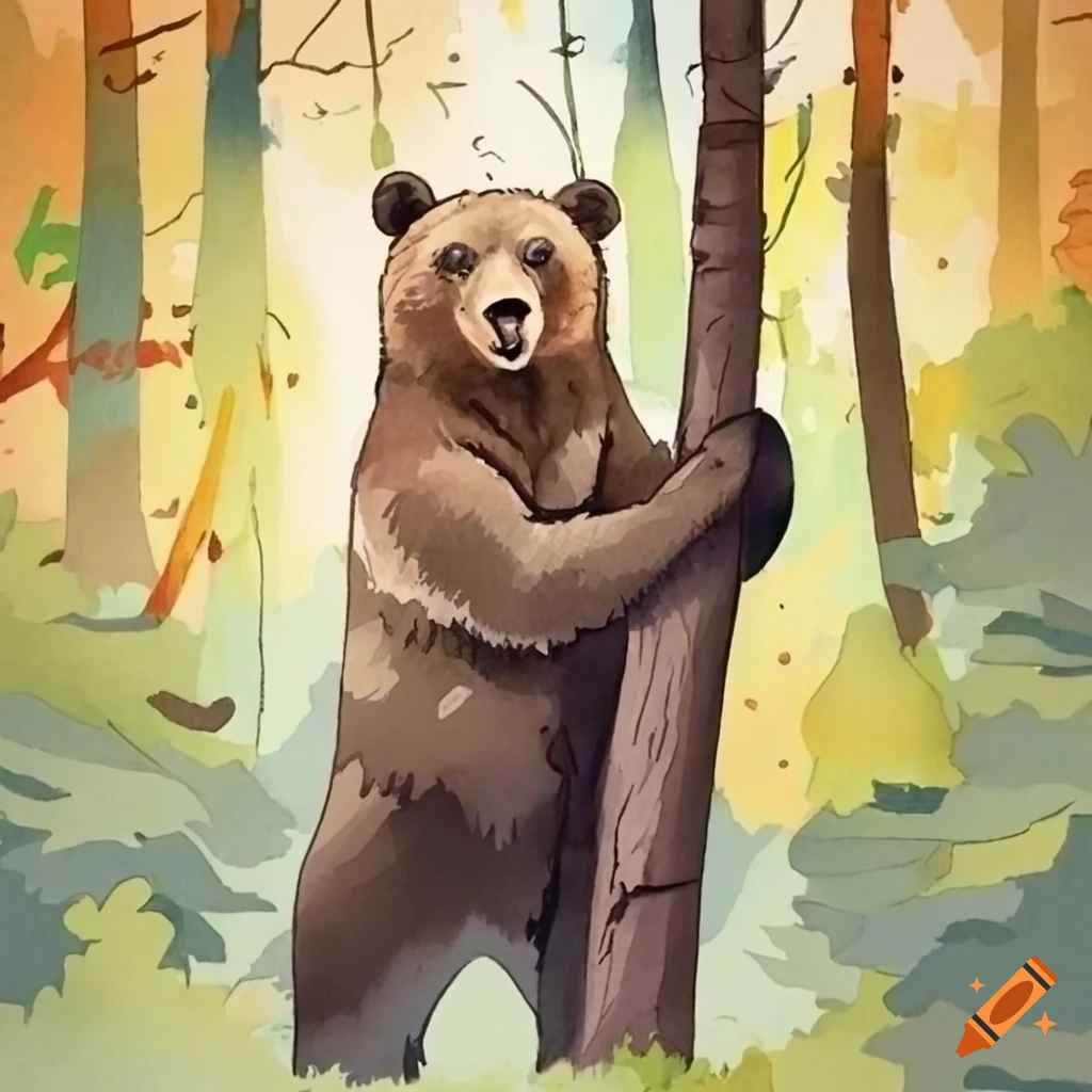 Bear holding onto a tree in the forest in watercolor style on Craiyon