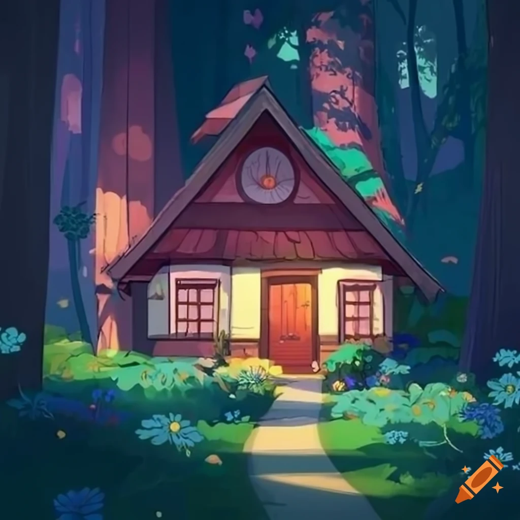 Charming cottage surrounded by flowers in the woods