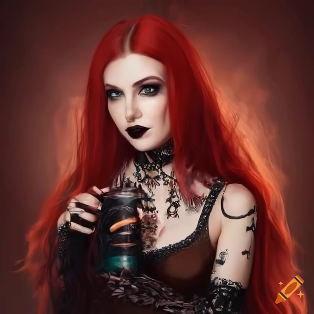 Stunning queen with fiery red hair in gothic attire holding an energy drink