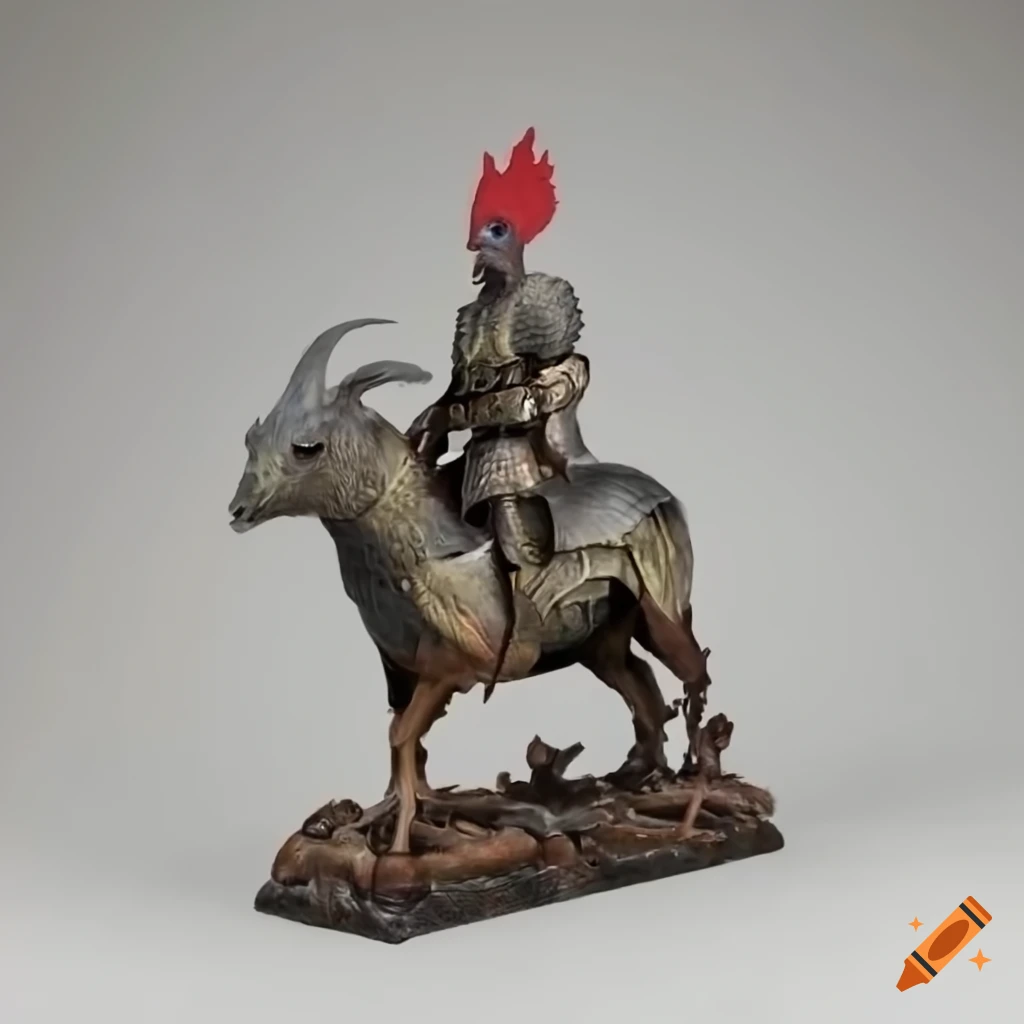 Chicken in feathery armor riding an armored goat on Craiyon