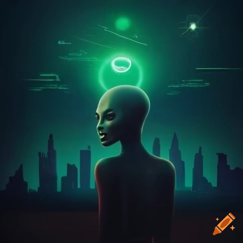 Intriguing retro sci-fi poster with a glowing alien and a woman in an ...