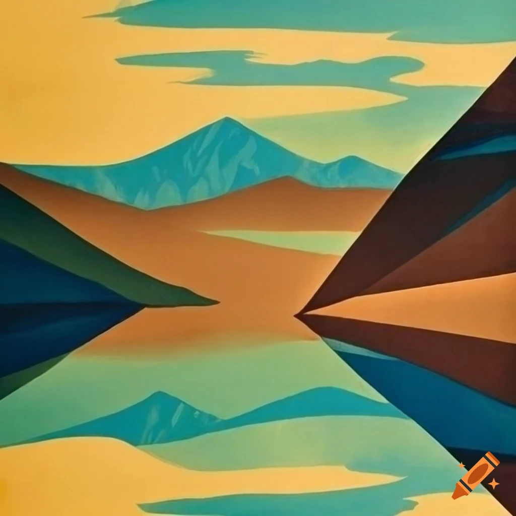 1930s tourism poster titled 'The Blue Wonder' with cubist shapes and blue lake in a valley
