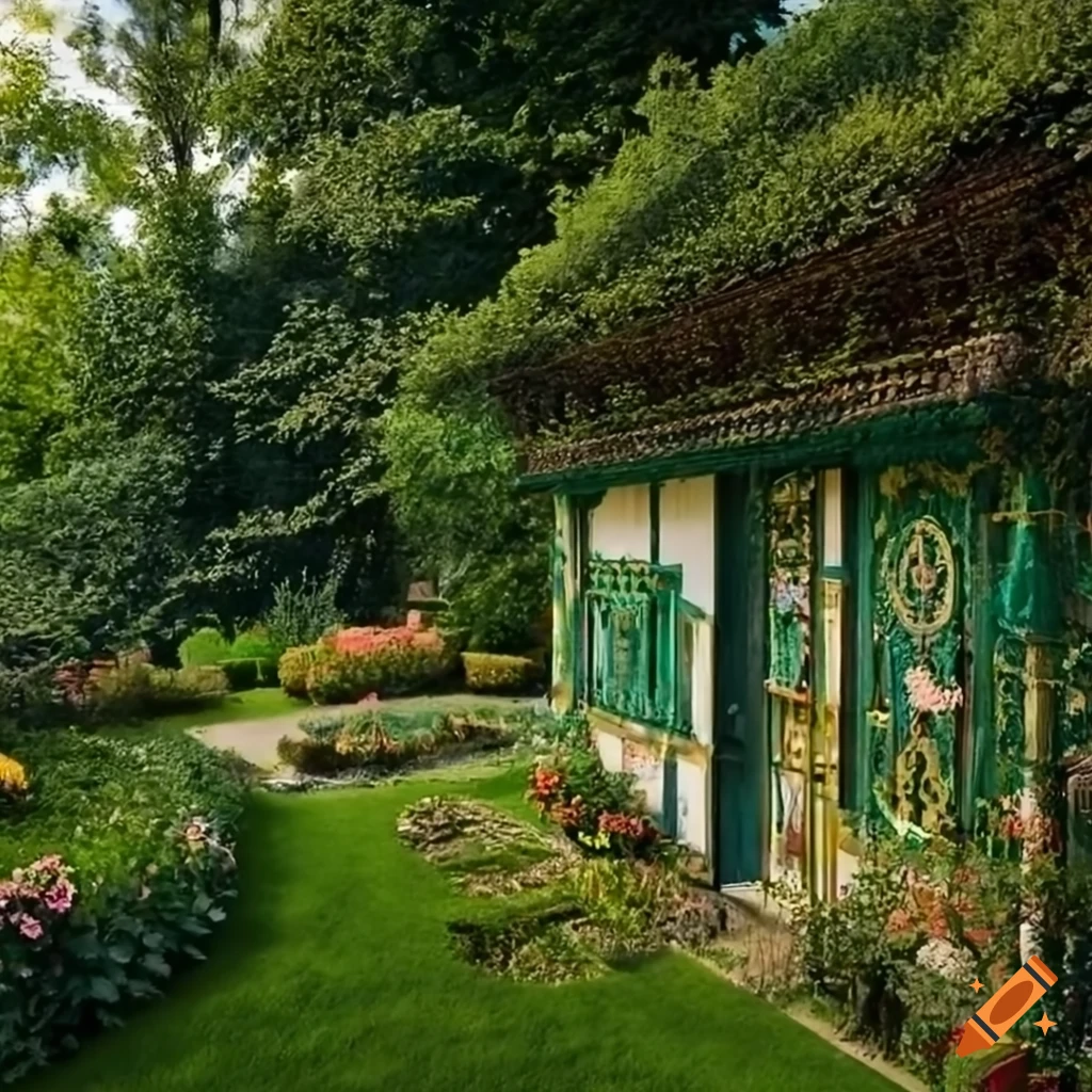 Intricate and vibrant artwork of a Romanian house with a garden of roses in a village setting