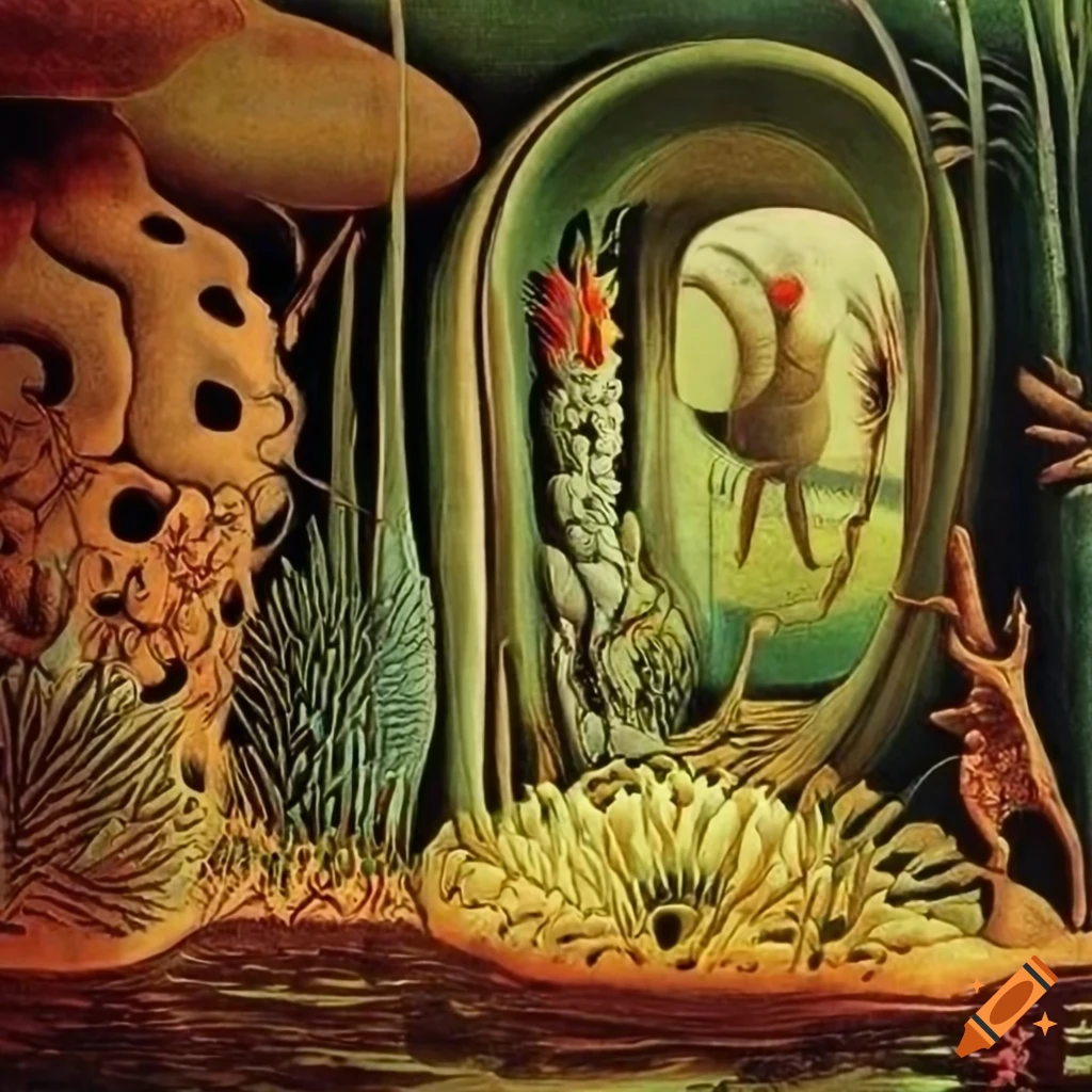 Organic machine art in a futuristic sci-fi setting inspired by various artists