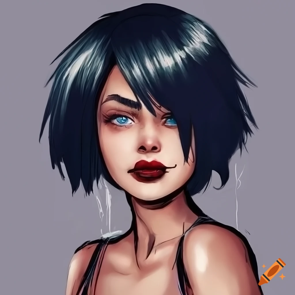 Comic Book Style Girl With Black Pixie Cut Hair And Blue Eyes In A White Basketball Jersey 