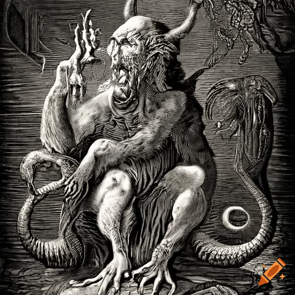 Satanic depiction with snakeman resembling Jesus in ancient Japanese engravings