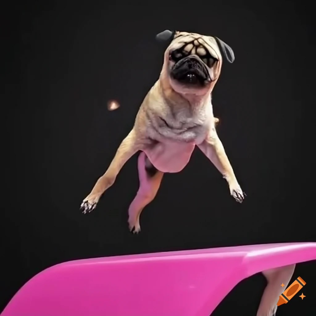 Pugs falling into a pink and green ball-pitt from a high diving board