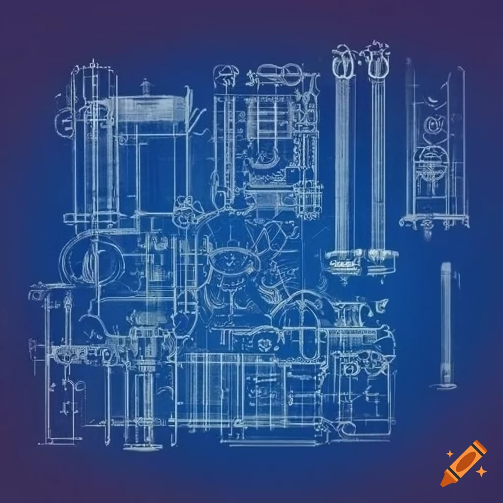 Detailed engineering blueprint with complex construction and steampunk style