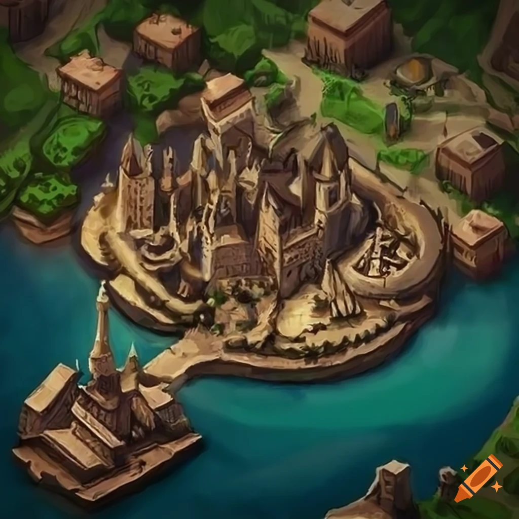 Medieval city with an island in the center in a fantasy setting on Craiyon