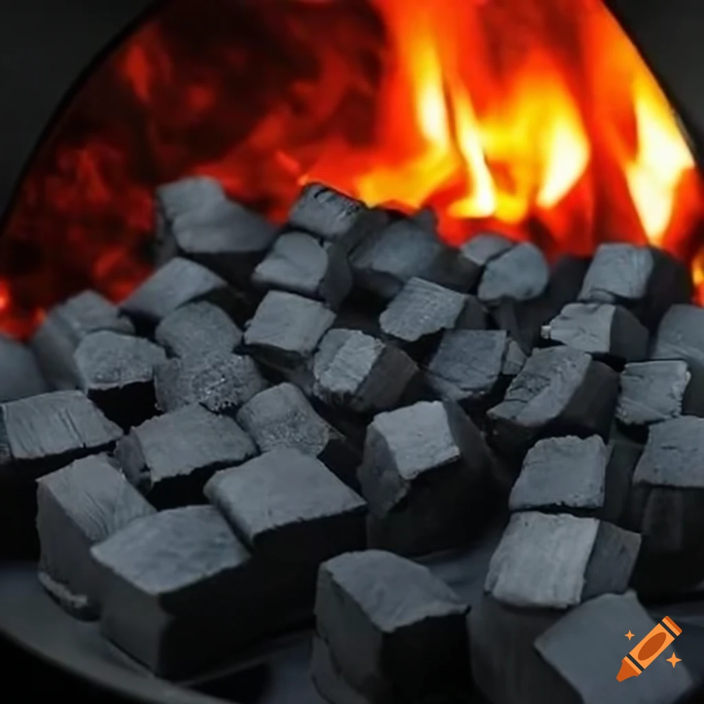 Cubic charcoal briquettes glowing with heat for grilling