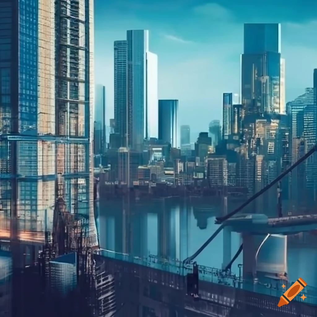 Cityscape with skyscrapers, park, and new construction for triple monitors