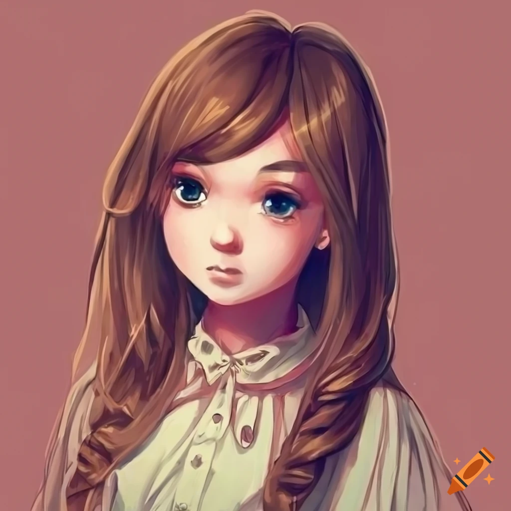 Vintage anime-style portrait of a girl with long brown hair on Craiyon
