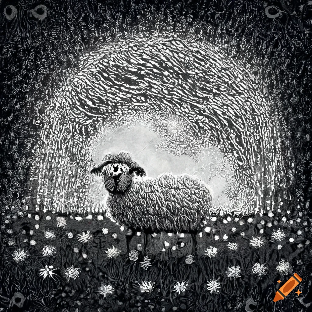 Impressionistic woolen yarn scene of a peaceful meadow with sheep under a starry night sky