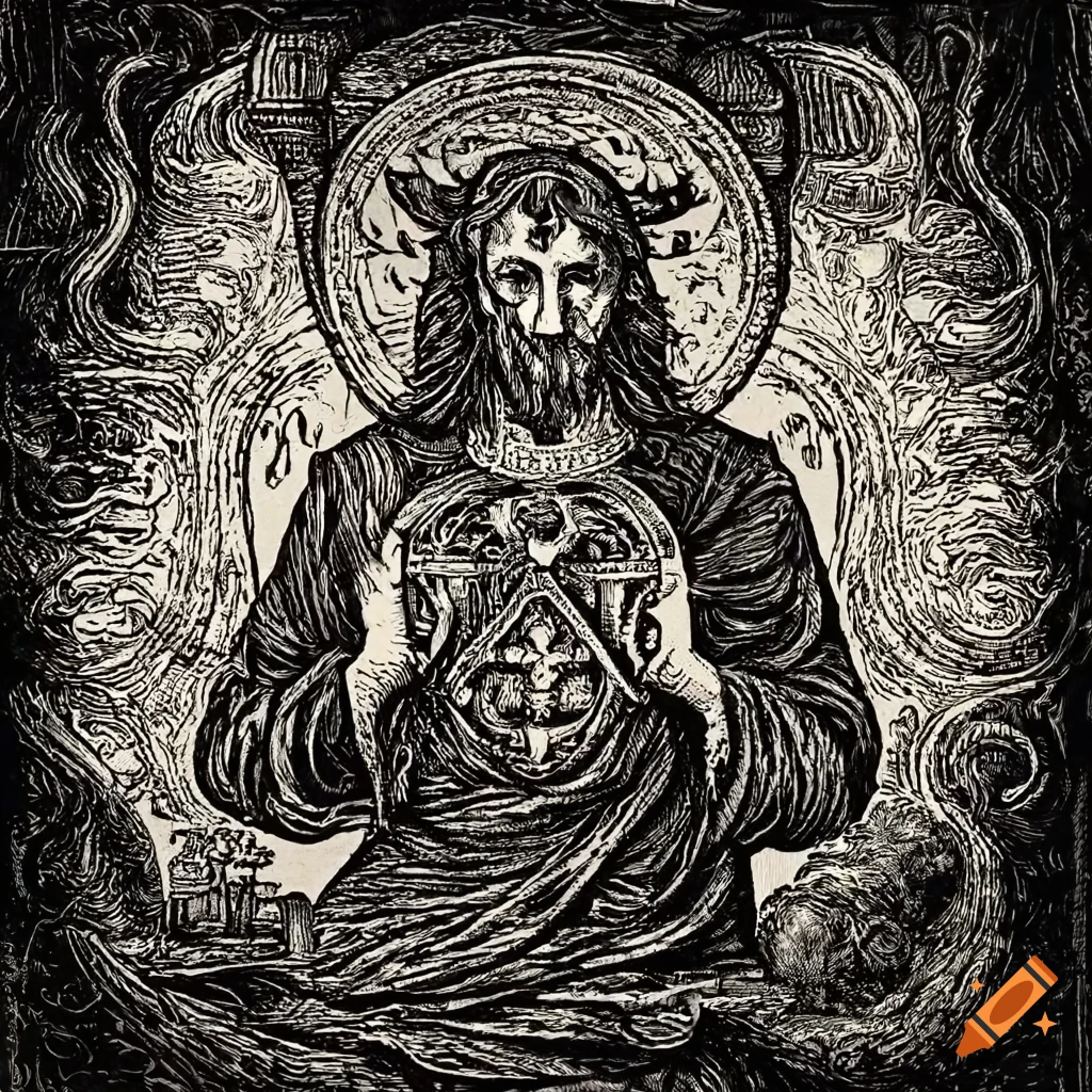 Baroque etchings of Jesus embracing the devil in a mystical occult ...