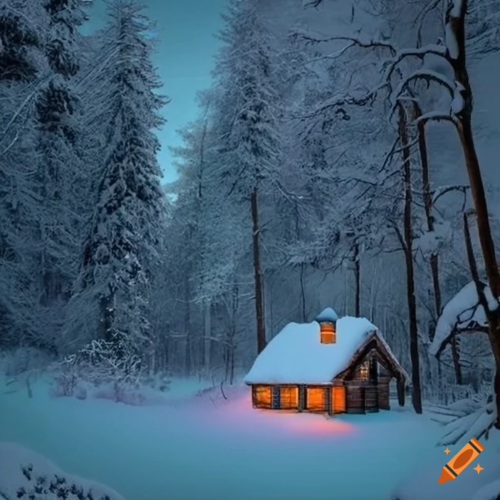 Cozy cabin in snowy forest with smoke rising from chimney on Craiyon