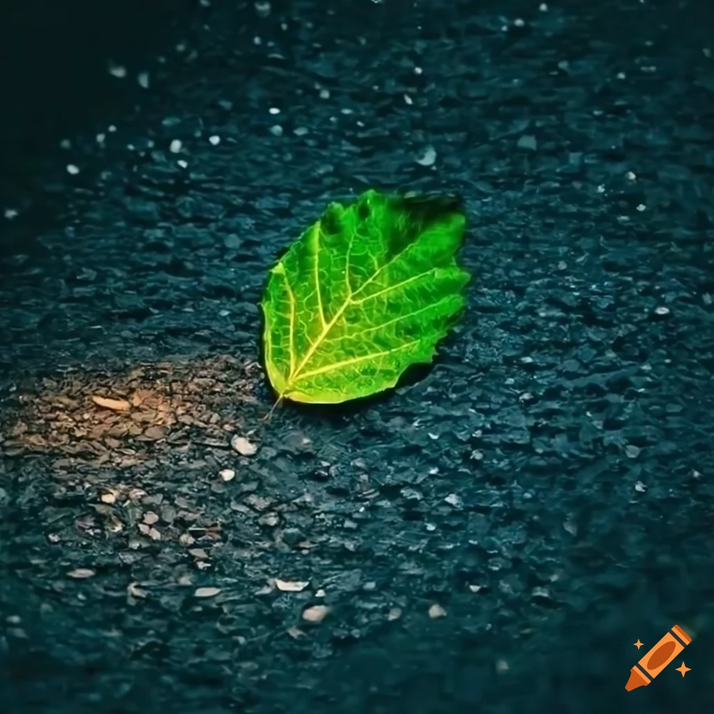 Eco-design asphalt with focus on tree leaf growing in the road