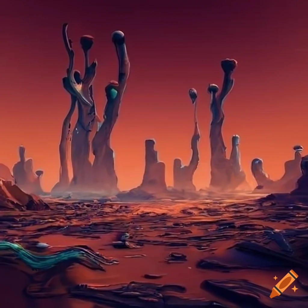 Vibrant sci-fi landscape with martian flora and futuristic structures ...