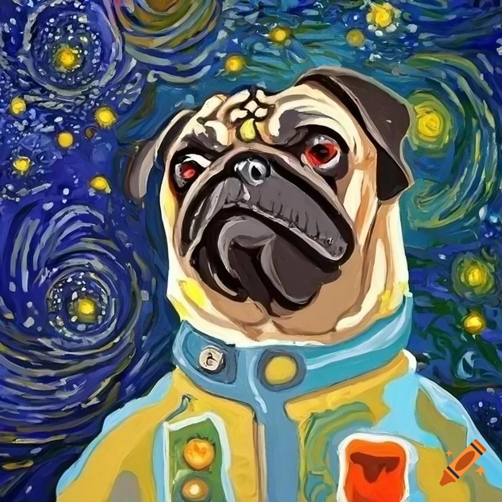Whimsical pug in spacesuit with stars, Van Gogh style portrait